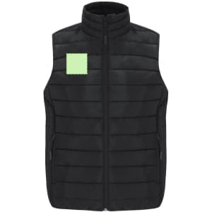 A black women's vest with a quilted design, featuring a zip front and a patch pocket.