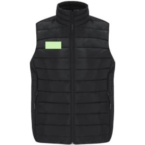 A black women's vest featuring a zip front, quilted design, and a small branding logo on the front.