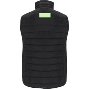 A black women's vest with a padded design and a logo patch on the back.
