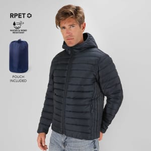 A dark navy jacket with a hood, featuring a zipped front and side pockets, with a branding logo visible.