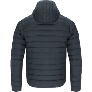 A dark navy puffer jacket with a hood, featuring a quilted design and no visible front details. It has a branding logo.