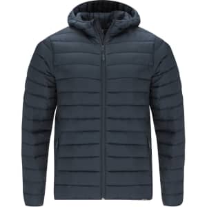 A navy blue puffer jacket with a hood, featuring horizontal stitching and a front zip closure. It has a small logo.