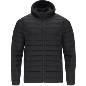 A black padded jacket with a zip front and a hood, featuring a logo on one side.
