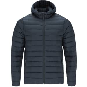 A dark navy puffer jacket with a hood, featuring a zip front and horizontal quilted design.