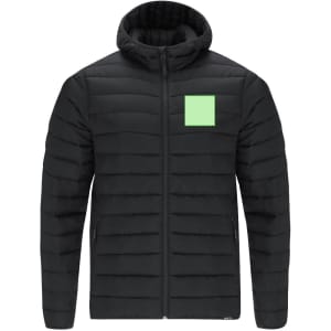 A black zipped jacket with a hood and a small green square patch. Features a quilted design and side pockets.