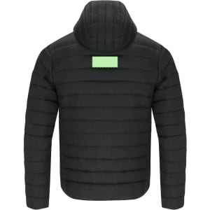 A black padded jacket with a hood, featuring a reflective patch on the upper back.
