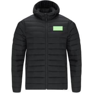 A black puffer jacket with a zip front and hood, featuring a bright green logo area.