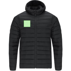 A black padded jacket with a zip front and a hood, featuring a small green patch on the chest.