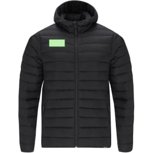 A black padded jacket with a hood and a green logo or branding patch on the front.