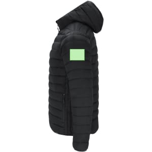A black puffer jacket featuring a hood and a logo on the sleeve.