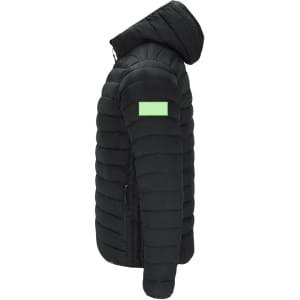 A black jacket with a hood and a green patch on the sleeve, featuring a quilted design.