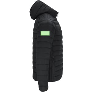 A black puffer jacket featuring a hood and a patch on the sleeve. It has a sleek, quilted design.