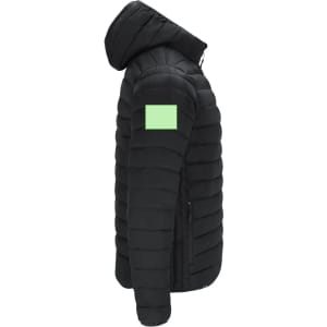 A black jacket with a hood, featuring a green square logo on the sleeve.