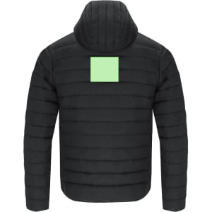 A black puffer jacket with a green square on the back and a hood. It features a quilted design.