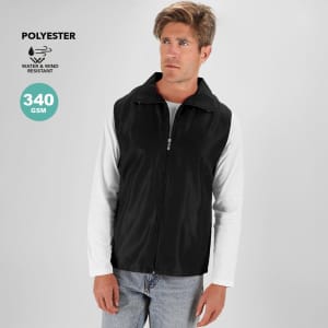 A black vest made of polyester, featuring a zip front and a collar, displayed on a model.