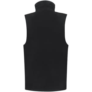 A black vest featuring a high collar and a sleek design. It has a logo on the back.