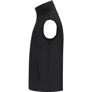A black sleeveless vest with a high collar and side pocket, featuring a logo on the front.