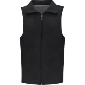 A black sleeveless vest with a full front zip and a collar, featuring a logo on the chest.