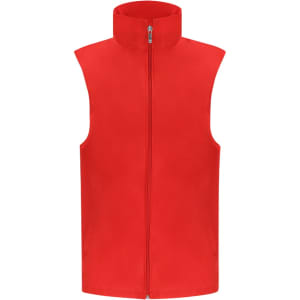 A red sleeveless vest with a high collar and a front zipper, featuring a logo on the fabric.