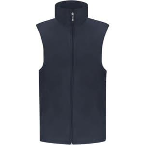 A navy sleeveless vest with a high collar and full zip front, featuring a logo on the chest.