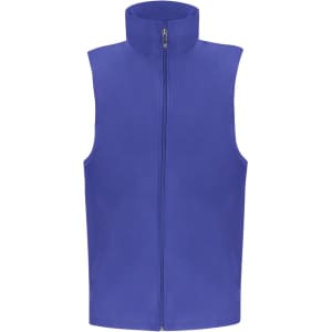 A sleeveless vest in vibrant royal blue, featuring a high collar and central zip closure. Includes a logo.