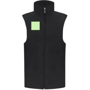 A black vest featuring a zip front and a small green square patch on the chest. It has a high collar and no sleeves.