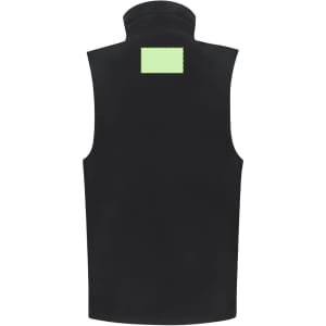 A black vest with a high collar and a square green patch on the back. It features a logo.