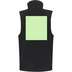A black vest with a mint green rectangular patch on the back. It features a high collar and no sleeves.