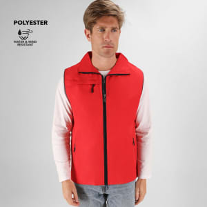 A red vest with a zip front and a pocket, made of water and wind-resistant polyester. It features a logo on the side.