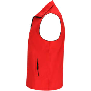 A red vest with a zip and side pocket, featuring a simple design and no sleeves. Branding is present.