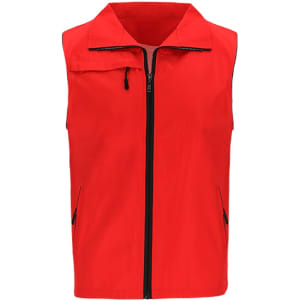 A red vest with a zippered front and two side pockets, featuring a collar and no sleeves. It has a logo on it.