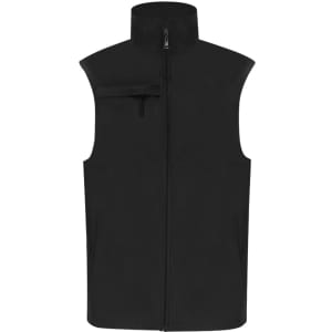 A black sleeveless vest with a high collar and a zippered front, featuring a small zipper pocket on the chest.