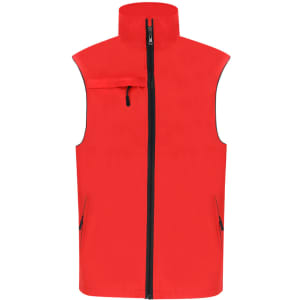 A bright red vest with a high collar, featuring a front zip and side pockets, along with a small zipped chest pocket.