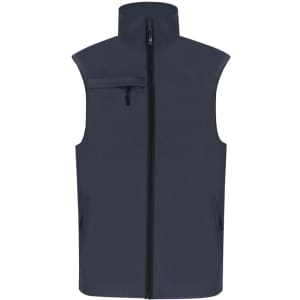 A navy Dervik Vest featuring a high collar, zip front, and side pockets, with a logo on the chest.