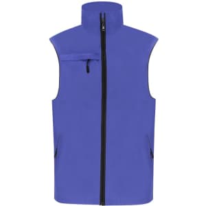 A purple vest with a high collar, featuring a zip front and pockets, along with a logo.