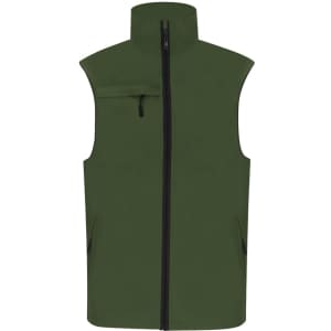 A green vest featuring a zip front, high collar, and side pockets. It has a logo on the chest.