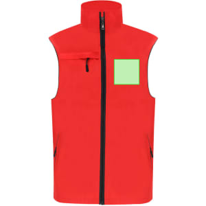 A red vest with a high collar, featuring a front pocket and two side pockets, along with a branding logo.
