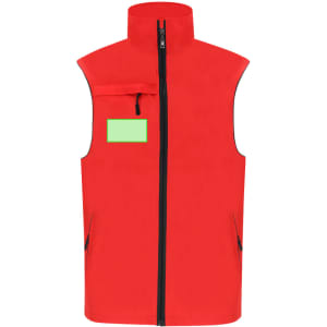 A red vest with a zip front, high collar, and a pocket on the chest. It features a logo.