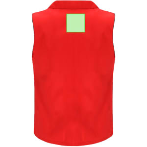 A red sleeveless vest with a plain green square patch on the back and a collar.