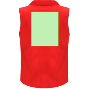 A red Dervik vest featuring a rectangular green patch on the back and a logo on the front.