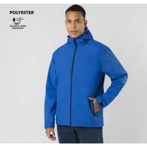 A blue rain jacket with a zip front, hood, and black accents, featuring a logo and made of polyester.