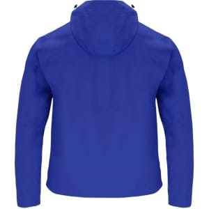 A blue Sarbon Parka rain jacket featuring a hood and a simple design. It has a logo on the back.