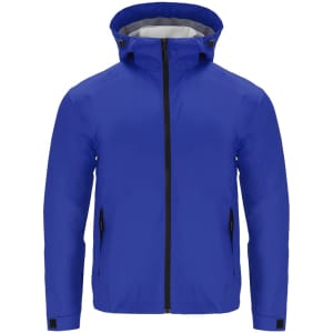 A blue rain jacket with a hood, featuring a front zip and side pockets, includes branding.