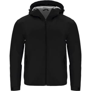 A black rain jacket with a hood, featuring a front zipper and two side pockets. It has a logo on the chest area.