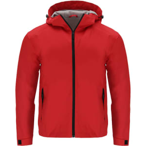 A red rain jacket with a hood, featuring zippered pockets and a branding logo.