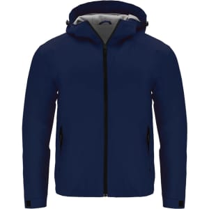 A navy blue rain jacket with a hood, featuring zippered front pockets and a logo on the chest.
