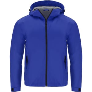 A blue rain jacket featuring a hood and side zip pockets, with a grey lining and branding.