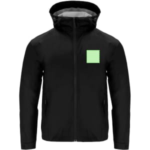 A black rain jacket features a hood and a small green logo on the front. It has zippered pockets and a minimalist design.