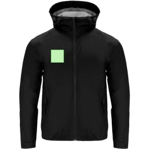 A black rain jacket with a hood and a patch on the front. It features side pockets and a sleek design.