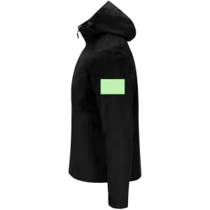 A black rain jacket featuring a hood and a patch on the arm. The jacket has a sleek, modern design.